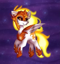 Size: 739x778 | Tagged: safe, artist:clairedaartiste444, derpibooru import, daybreaker, alicorn, pony, rapidash, a royal problem, cheek fluff, chest fluff, ear fluff, female, fiery mane, flying, helmet, hoof shoes, looking at you, mare, pokémon, smiling, solo, wings