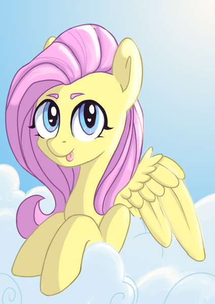 Size: 2480x3508 | Tagged: safe, artist:angelinarichter, derpibooru import, fluttershy, pegasus, pony, :p, bust, cloud, cute, female, high res, mare, mlem, on a cloud, shyabetes, silly, sky, solo, sun, tongue out