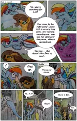 Size: 1945x3084 | Tagged: safe, artist:mysteriousshine, derpibooru import, daring do, rainbow dash, pegasus, pony, comic:the children of the night, comic, dialogue, exclamation point, female, female pov, flying, hoof in mouth, mare, offscreen character, pov, traditional art