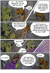 Size: 1422x2080 | Tagged: safe, artist:mysteriousshine, derpibooru import, a.k. yearling, daring do, pegasus, pony, unicorn, comic:the children of the night, cloak, clothes, comic, dialogue, disguise, female, glasses, hat, mare, onomatopoeia, pith helmet, raised hoof, traditional art