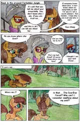 Size: 646x1011 | Tagged: safe, artist:mysteriousshine, derpibooru import, a.k. yearling, daring do, rainbow dash, pegasus, pony, unicorn, comic:the children of the night, cloak, clothes, comic, dialogue, female, forest, glasses, hat, mare, pith helmet, prone, sleeping, traditional art