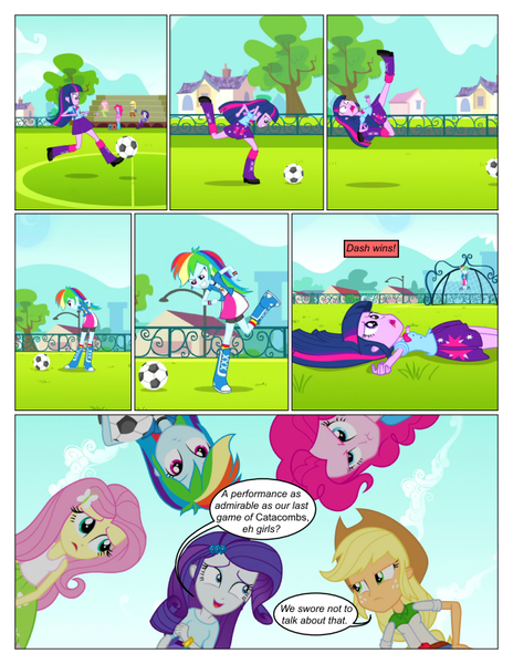 Size: 612x792 | Tagged: safe, artist:greatdinn, artist:newbiespud, derpibooru import, edit, edited screencap, screencap, applejack, fluttershy, pinkie pie, rainbow dash, rarity, sci-twi, twilight sparkle, comic:friendship is dragons, equestria girls, equestria girls (movie), clothes, collaboration, comic, cutie mark, cutie mark on clothes, dialogue, eyes closed, female, football, frown, grin, hat, humane five, humane six, screencap comic, smiling, sports, unamused