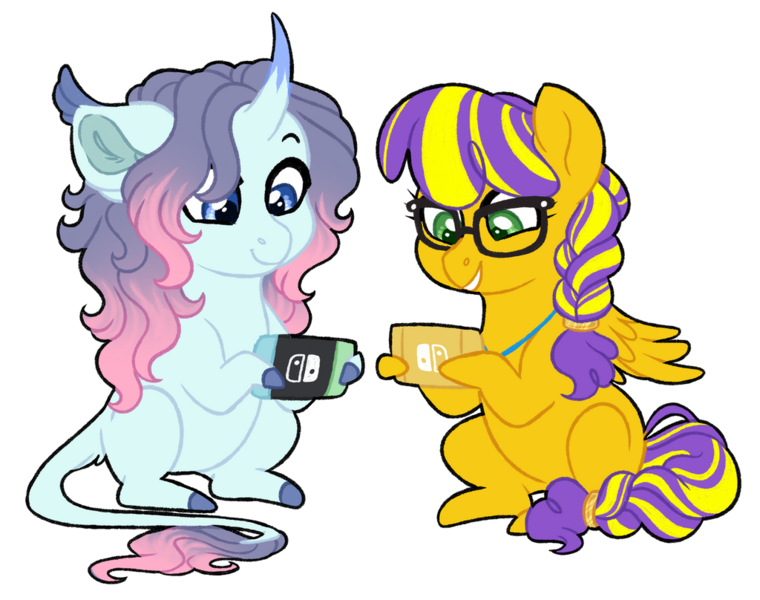 Size: 1024x808 | Tagged: safe, artist:azure-art-wave, derpibooru import, oc, oc:fluffy, oc:sunrise (bc-ls), unofficial characters only, pegasus, pony, unicorn, chibi, female, glasses, mare, simple background, transparent background