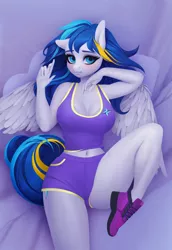 Size: 1181x1714 | Tagged: anthro, anthro oc, artist:frieder1, bed, bedroom eyes, belly button, blushing, breasts, cleavage, clothes, commission, cute, derpibooru import, female, gym shorts, laying on bed, looking at you, mare, midriff, oc, on bed, pegasus, plantigrade anthro, safe, shoes, shorts, sneakers, solo, sports shorts, tail, tanktop, tomboy, unofficial characters only, wings, ych result