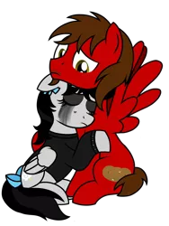 Size: 1200x1600 | Tagged: safe, artist:toyminator900, derpibooru import, oc, oc:chip, oc:lightning dee, unofficial characters only, pegasus, pony, bow, bracelet, choker, clothes, crying, duo, eyes closed, facial hair, female, folded wings, frown, long sleeves, makeup, male, mare, moustache, running makeup, sad, shirt, simple background, sitting, spiked choker, spiked wristband, spread wings, stallion, tail bow, transparent background, wings, wristband