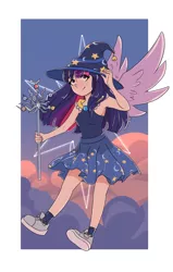 Size: 876x1374 | Tagged: abstract background, alicorn, artist:wilage, cloud, cute, cutie mark, derpibooru import, eyebrows visible through hair, female, flying, hat, human, humanized, safe, sky, solo, spread wings, staff, star swirl the bearded costume, tree of harmony, twiabetes, twilight sparkle, twilight sparkle (alicorn), winged humanization, wings, wizard hat