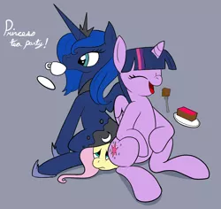 Size: 1072x1012 | Tagged: artist needed, suggestive, derpibooru import, edit, editor:rozyfly10, fluttershy, princess luna, twilight sparkle, twilight sparkle (alicorn), alicorn, pegasus, pony, cake, crown, cup, faceful of ass, facesitting, flutterseat, food, jewelry, looking up, regalia, s1 luna, sitting, sitting on, sitting on person, sitting on pony, tea party