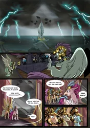 Size: 3541x5016 | Tagged: absurd resolution, airship, armor, artist:alexvanarsdale, artist:lummh, background hippogriff, comic, comic:twist of faith, derpibooru import, female, fight, hippogriff, lightning, male, mount aris, my little pony: the movie, queen novo, safe, speech bubble, storm, storm guard, storm king's emblem, storm king's ship, wings