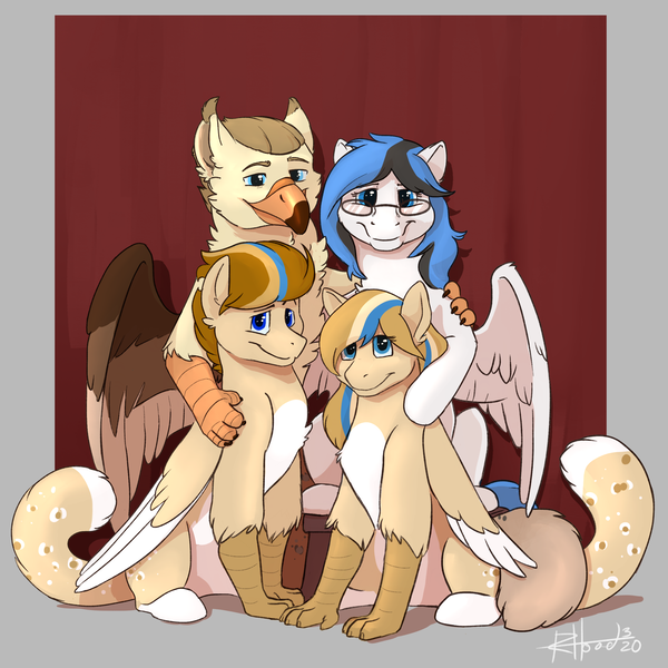 Size: 2500x2500 | Tagged: safe, artist:scruffasus, derpibooru import, oc, oc:bolton, oc:kezzie, oc:quill (kezter), oc:quinn (bolton), gryphon, hippogriff, pegasus, family, family photo, shipping