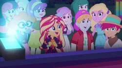Size: 1920x1080 | Tagged: safe, derpibooru import, screencap, aqua blossom, bon bon, fry lilac, hunter hedge, lyra heartstrings, sandy cerise, scribble dee, snow flower, sunset shimmer, sweetie drops, wallflower blush, equestria girls, equestria girls series, sunset's backstage pass!, spoiler:eqg series (season 2), backwards ballcap, baseball cap, cap, clothes, excited, female, geode of empathy, glasses, happy, hat, magical geodes, male, music festival outfit, overall shorts, overalls, panama hat, stage, stage light