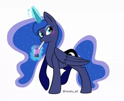 Size: 1024x838 | Tagged: safe, artist:riouku, derpibooru import, princess luna, alicorn, pony, blushing, bubble tea, cute, drink, drinking, female, lunabetes, magic, mare, simple background, solo, straw, telekinesis, white background