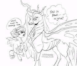 Size: 640x548 | Tagged: alternate universe, artist:meadowmood, changeling, changeling queen, cozy glow, cozy glow is not amused, derpibooru import, dialogue, female, foal, monochrome, pegasus, queen chrysalis, safe, swearing, vulgar