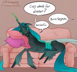 Size: 640x603 | Tagged: artist:meadowmood, changedling, changeling, changeling queen, couch, cozy glow, derpibooru import, dialogue, female, lying down, offscreen character, older, older cozy glow, pegasus, pillow, queen chrysalis, safe