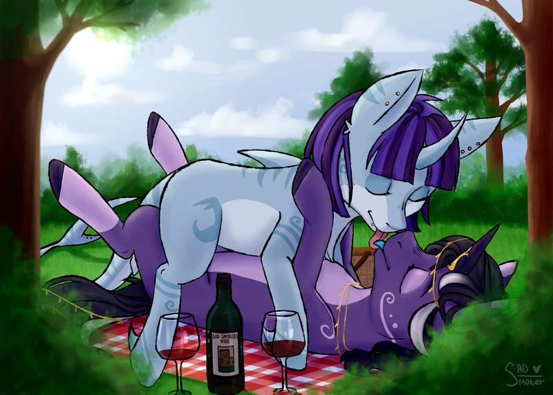 Size: 2362x1686 | Tagged: questionable, artist:sad smoker, derpibooru import, oc, oc:killi thaum, oc:rivibaes, unofficial characters only, original species, shark, shark pony, unicorn, alcohol, cuddling, eyes closed, female, females only, glass, mare, picnic, picnic blanket, tongue out, tree, wine, wine bottle, wine glass