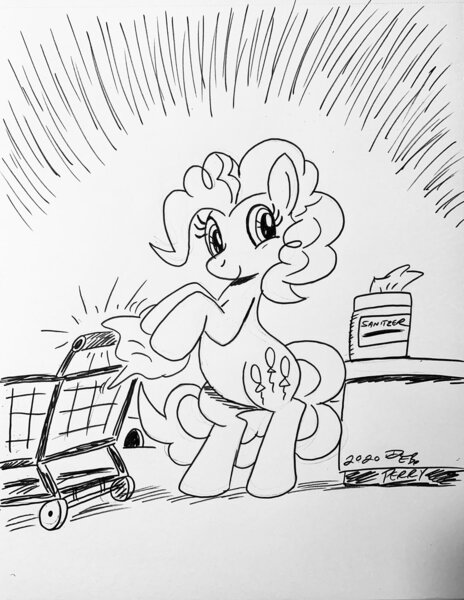 Size: 1584x2048 | Tagged: safe, artist:debmervin, derpibooru import, pinkie pie, earth pony, pony, black and white, cleaning, female, grayscale, mare, monochrome, paper, safety, sanitizing wipes, shopping cart, simple background, smiling, solo, traditional art, white background