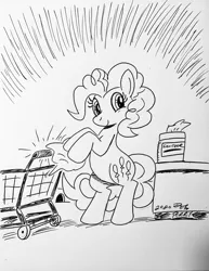 Size: 1584x2048 | Tagged: safe, artist:debmervin, derpibooru import, pinkie pie, earth pony, pony, black and white, cleaning, female, grayscale, mare, monochrome, paper, safety, sanitizing wipes, shopping cart, simple background, smiling, solo, traditional art, white background