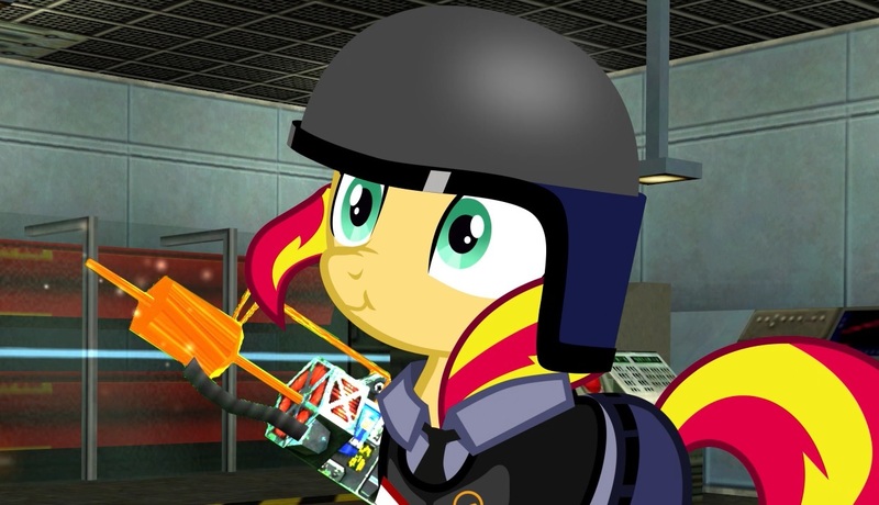 Size: 1252x720 | Tagged: safe, artist:bastbrushie, derpibooru import, sunset shimmer, 2d, explosion, female, guard, gun, half-life, image, jpeg, laser, scientist, scrunchy face, solo, tau cannon, video, weapon, youtube link