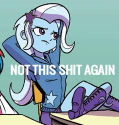 Size: 297x312 | Tagged: safe, artist:pencils, derpibooru import, edit, idw, trixie, equestria girls, spoiler:comic, spoiler:comicequestriagirlsmarchradness, boots, clothes, comic, cropped, detention, feet on table, meme, not this shit again, shoes, solo, vulgar