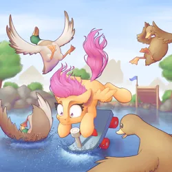 Size: 4000x4000 | Tagged: safe, artist:ohemo, derpibooru import, scootaloo, bird, duck, mallard, pegasus, pony, absurd resolution, fail, female, filly, op, pond, ramp, scared, scenery, scootacrash, scooter, shrunken pupils, spread wings, this will end in tears and/or death and/or covered in tree sap, water, wings