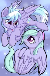 Size: 1816x2753 | Tagged: safe, artist:gleamydreams, derpibooru import, cloudchaser, flitter, pegasus, pony, bow, cute, cutechaser, duo, duo female, female, flitterbetes, flying, mare, multiple characters, playing, siblings, signature, sisters, smiling, tongue out, twins, wings