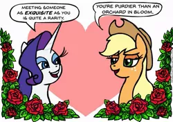 Size: 595x418 | Tagged: safe, artist:gingerfoxy, artist:thorned rose ninja, derpibooru import, applejack, rarity, earth pony, pony, unicorn, pony couple generator, bed of roses, female, flower, heart, horn, lesbian, long horn, pun, rarijack, rose, shipping