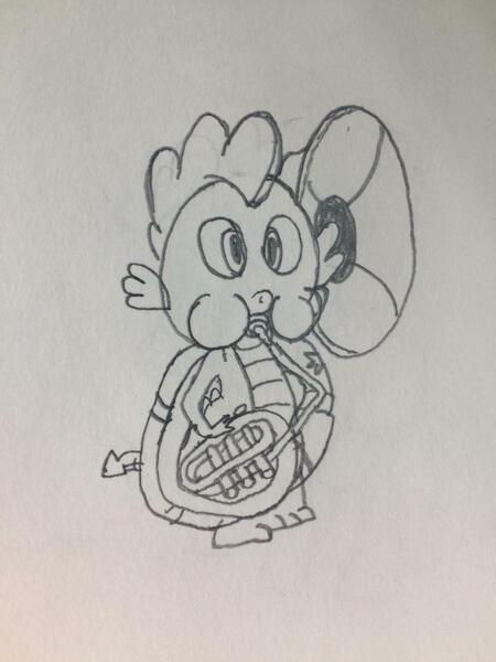 Size: 1024x1366 | Tagged: artist:puffedcheekedblower, derpibooru import, musical instrument, pencil drawing, safe, solo, sousaphone, spike, traditional art