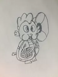 Size: 1024x1366 | Tagged: artist:puffedcheekedblower, derpibooru import, musical instrument, pencil drawing, safe, solo, sousaphone, spike, traditional art