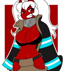 Size: 1129x1280 | Tagged: suggestive, artist:kloudmutt, derpibooru import, oc, oc:chilly pepper, unofficial characters only, anthro, dragon, earth pony, hybrid, original species, armor, belly button, big breasts, bra, breasts, clothes, digital art, female, fire force, horn, solo, solo female, unconvincing armor, underwear
