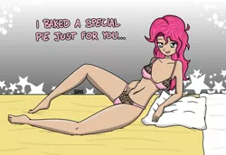 Size: 2031x1399 | Tagged: artist:banquo0, bed, bedroom eyes, belly button, bra, breasts, clothes, derpibooru import, female, human, humanized, laying on bed, lingerie, on bed, panties, pillow, pinkie pie, pink underwear, see-through, solo, solo female, suggestive, text, underwear