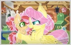 Size: 1555x988 | Tagged: safe, artist:princess3342ofc, derpibooru import, fluttershy, oc, pony, baby, baby pony, base used, female, filly, fluttermom, fluttershy's cottage, foal, freckles, heart eyes, holding a pony, looking at each other, mother and child, mother and daughter, offspring, parent:big macintosh, parent:fluttershy, parents:fluttermac, wingding eyes