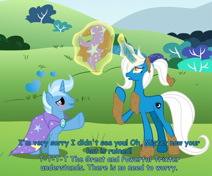 Size: 1280x1067 | Tagged: safe, artist:somashield, derpibooru import, trixie, oc, oc:diana shield, pony, unicorn, blushing, canon x oc, cape, clothes, cutie mark, digital art, duo, eye scar, female, glowing horn, hat, horn, magic, male, mud, rule 63, scar, sky, tail, text, tristan, trixie's cape, trixie's hat