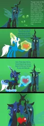 Size: 447x1280 | Tagged: safe, artist:somashield, derpibooru import, queen chrysalis, oc, oc:soma, changeling, changeling queen, pony, unicorn, a better ending for chrysalis, blue changeling, canon x oc, changelingified, comic, digital art, female, horn, male, species swap, text, transformation, wings