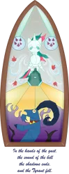 Size: 941x2370 | Tagged: safe, artist:maretrick, derpibooru import, grogar, gusty, gusty the great, pony, sheep, unicorn, bell, duo, epitaph, female, grogar's bell, male, mare, ram, simple background, stained glass, transparent background