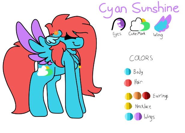 Size: 616x445 | Tagged: safe, artist:clairedaartiste444, derpibooru import, oc, oc:cyan sunshine, unofficial characters only, pegasus, pony, ear piercing, earring, female, floppy ears, jewelry, necklace, pegasus oc, piercing, reference sheet, smiling, solo, two toned wings, wings