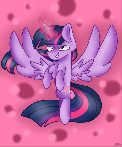 Size: 669x804 | Tagged: safe, artist:clairedaartiste444, derpibooru import, twilight sparkle, twilight sparkle (alicorn), alicorn, pony, abstract background, chest fluff, flying, glowing horn, horn, solo