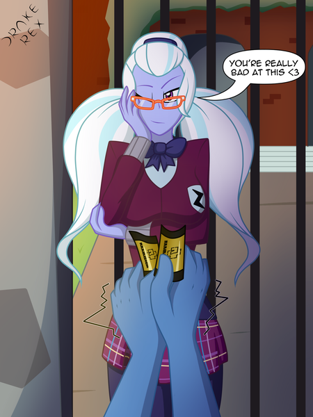 Size: 1500x2000 | Tagged: safe, artist:drake-rex, derpibooru import, sugarcoat, equestria girls, bowtie, breasts, busty sugarcoat, clothes, commission, glasses, looking at you, male, male pov, offscreen character, one eye closed, pleated skirt, pov, rammstein, school uniform, shadowbolts, skirt, text