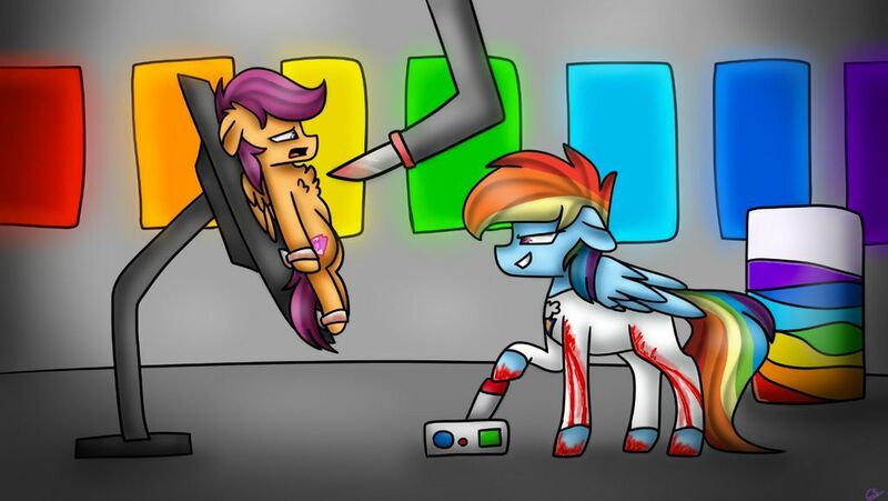 Size: 1024x577 | Tagged: semi-grimdark, artist:clairedaartiste444, derpibooru import, rainbow dash, scootaloo, pegasus, pony, fanfic:rainbow factory, abuse, blood, chest fluff, duo, floppy ears, knife, liquid rainbow, rainbow factory dash, restrained, restraints, robotic arm, scootabuse, spectra