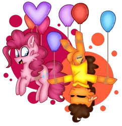 Size: 723x747 | Tagged: safe, artist:clairedaartiste444, derpibooru import, cheese sandwich, pinkie pie, earth pony, pony, balloon, cheek fluff, duo, floating, simple background, then watch her balloons lift her up to the sky, transparent background, upside down