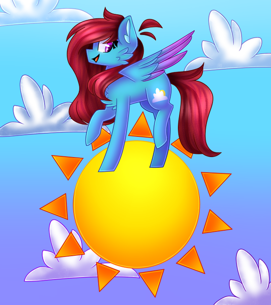 Size: 681x767 | Tagged: safe, artist:clairedaartiste444, derpibooru import, oc, oc:cyan sunshine, unofficial characters only, pegasus, pony, cheek fluff, chest fluff, female, pegasus oc, redraw, sky, solo, song reference, sun, tangible heavenly object, trotting, two toned wings, walking on sunshine, wings