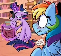 Size: 1200x1100 | Tagged: safe, artist:klhpyro, derpibooru import, rainbow dash, twilight sparkle, pegasus, pony, unicorn, it's about time, blushing, blushing ears, book, eyepatch, female, future twilight, golden oaks library, headband, lesbian, lip bite, magic, magic aura, mare, oh no he's hot, one sided shipping, shipping, sweat, telekinesis, text, thought bubble, twidash, unaware, unicorn twilight, vulgar