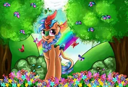 Size: 1280x866 | Tagged: safe, artist:appleneedle, derpibooru import, oc, unofficial characters only, butterfly, kirin, art, blossoms, bush, character, cloud, colorful, colors, commission, digital art, drawing, fanart, finished commission, flower, hill, image, jpeg, paint, painting, palindrome get, rainbow, sky, solo, soul, tree