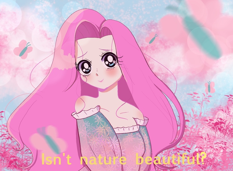 Size: 1783x1311 | Tagged: 90s anime, anime, anime style, artist:pinkpastelqueen, beautiful, blushing, butterfly, cute, derpibooru import, female, flower, fluttershy, human, humanized, pretty, question, safe, shyabetes, text