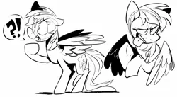 Size: 1300x710 | Tagged: safe, artist:klhpyro, derpibooru import, rainbow dash, pegasus, pony, female, mare, monochrome, one hoof raised, shocked, solo, spread wings, standing, tongue out, wings