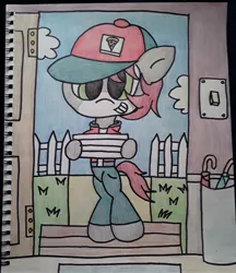 Size: 1151x1332 | Tagged: artist:colt687, clothes, delivery colt, delivery pony, derpibooru import, fence, food, house, oc, oc:khaki-cap, peter pizza, pizza, pizza box, pizza time, safe, sky, traditional art