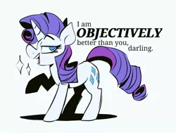 Size: 1024x775 | Tagged: safe, artist:klhpyro, derpibooru import, rarity, pony, unicorn, blatant lies, darling, dialogue, female, looking at you, mare, one hoof raised, simple background, smug, solo, sparkles, standing, vulgar description, white background