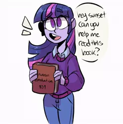Size: 943x950 | Tagged: suggestive, artist:klhpyro, derpibooru import, twilight sparkle, equestria girls, awkward, book, clothes, dialogue, female, flirting, implied lesbian, implied shipping, implied sunset shimmer, implied sunsetsparkle, looking at you, open mouth, pants, simple background, sweater, white background