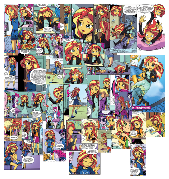 Size: 2595x2751 | Tagged: safe, artist:pencils, derpibooru import, idw, applejack, fluttershy, ms. harshwhinny, pinkie pie, rainbow dash, rarity, sci-twi, sunset shimmer, twilight sparkle, equestria girls, spoiler:comic, spoiler:comicequestriagirlsmarchradness, balloon, balloon popping, clothes, compilation, dress, female, high res, jacket, leather jacket, popping, sexy, shirt, shorts, solo focus, sports shorts, t-shirt, tomboy, tying shoes
