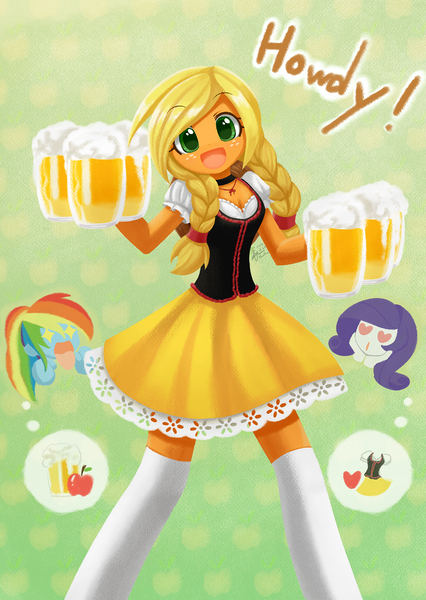 Size: 1000x1407 | Tagged: safe, artist:howxu, derpibooru import, applejack, rainbow dash, rarity, equestria girls, adorasexy, alcohol, alternate hairstyle, bar maid, beer, braid, cider, clothes, commission, cute, dirndl, dress, female, hatless, howdy, jackabetes, lesbian, looking at you, missing accessory, rarijack, sexy, shipping, skirt, socks, that pony sure does love cider