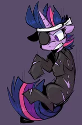 Size: 872x1324 | Tagged: safe, artist:klhpyro, derpibooru import, twilight sparkle, pony, unicorn, it's about time, angry, catsuit, clothes, eyepatch, female, future twilight, gritted teeth, headband, looking down, mare, simple background, solo, torn clothes, unicorn twilight