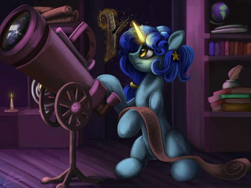 Size: 2560x1920 | Tagged: safe, derpibooru import, oc, oc:starley orlin, unofficial characters only, unicorn, astronomy, book, bookshelf, candle, cute, globe, inkwell, magic, male, quill, scroll, solo, telescope